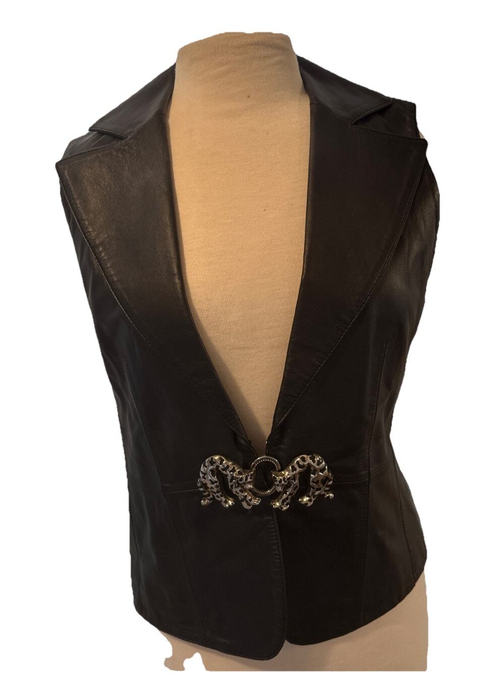 Vintage Faux Leather Sweater Knit Vest Leopard Closure Sz Medium Read Descriptio